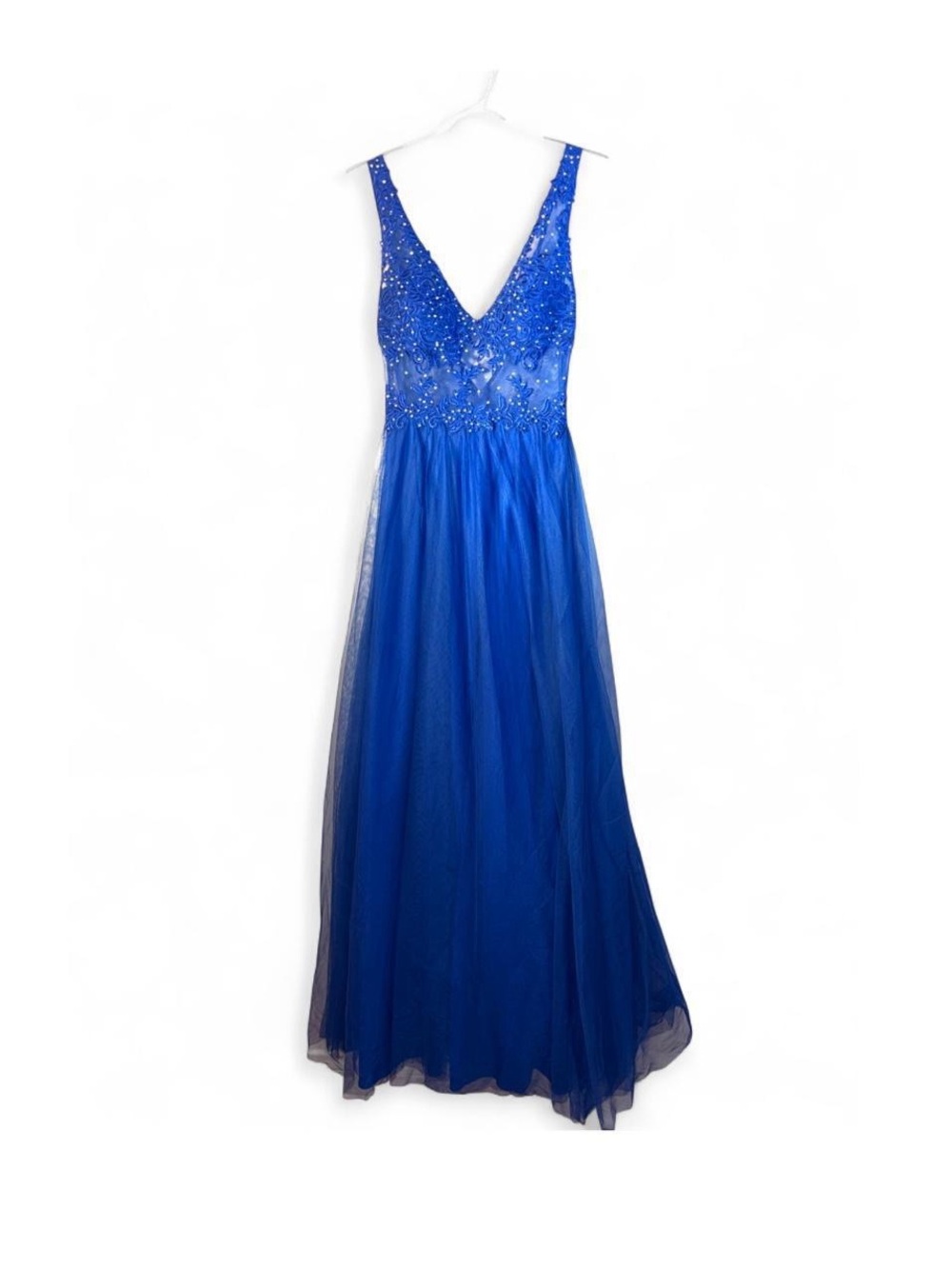 Blondie Nites Royal Blue Beaded V-Neck Prom Dress